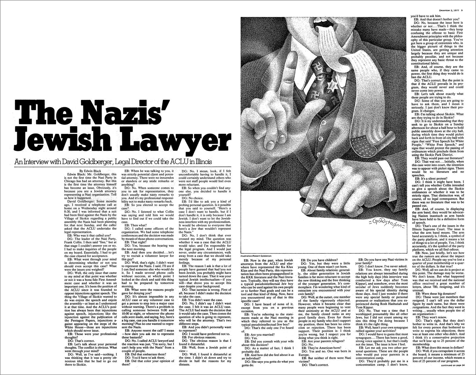 Newspaper page titled "The Nazis' Jewish Lawyer," featuring an illustration of a person wearing a suit, holding a cigarette, with a hand raised as if in a gesture or speech. Text surrounds the image, indicating an interview format.