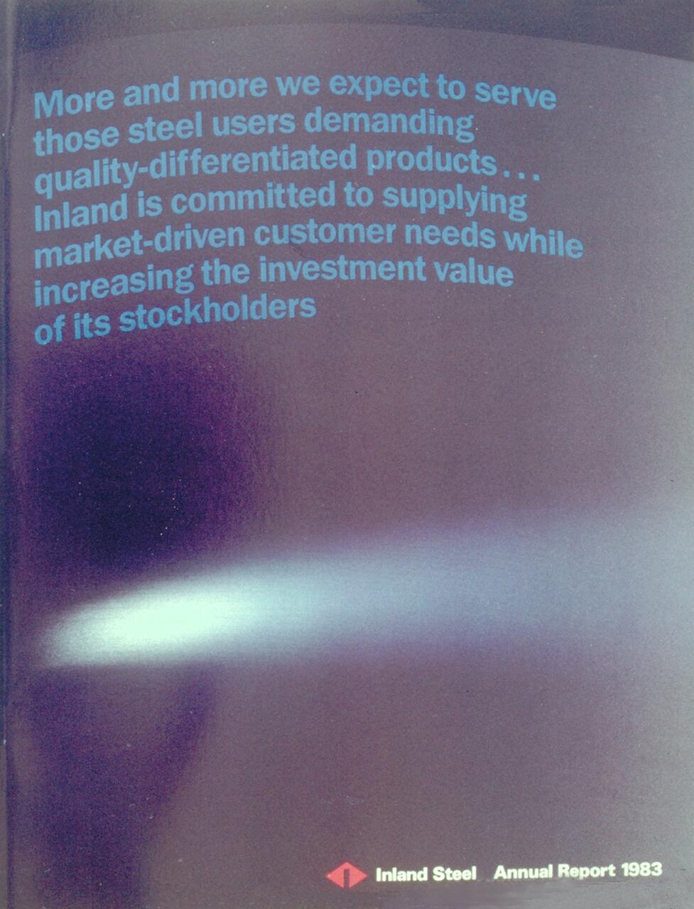Inland Steel Annual Report 1983 cover with blue and white text on a dark gradient background, featuring the company's logo.