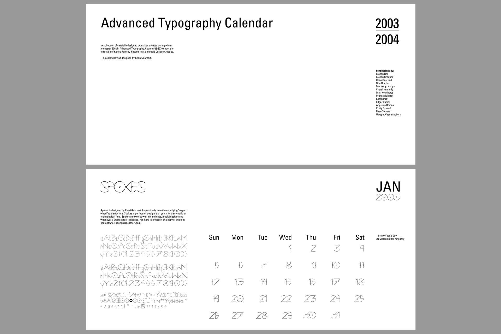 Advanced Typography Calendar for 2003-2004, with January 2003 displayed. Decorative fonts and designs are featured, alongside a calendar grid. Notable dates include New Year's Day and Martin Luther King Day. Designed by Cheri Geerhart.