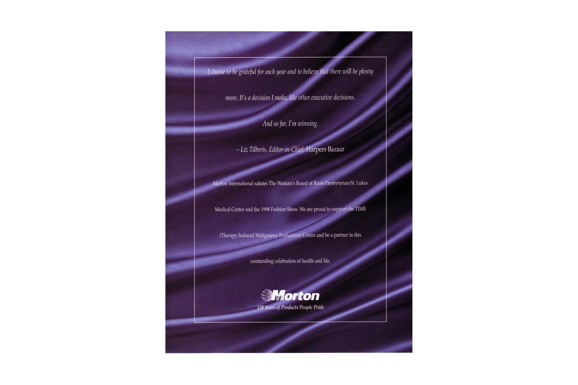 Purple satin background with white text, including a quote and accolades. The Morton International logo is at the bottom with the phrase "150 Years of Products People Pride."