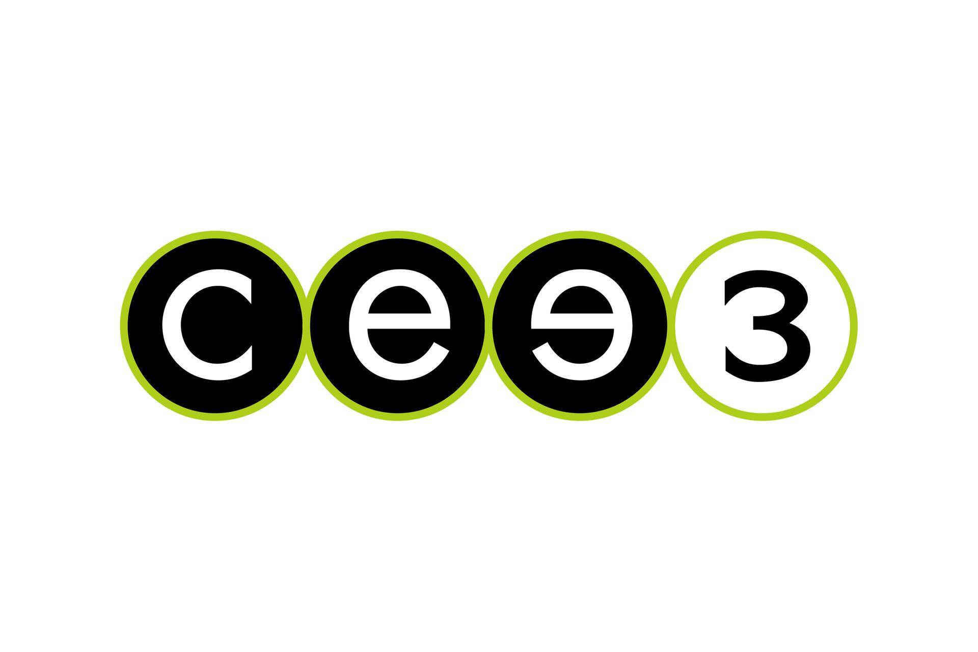 Abstract logo featuring the characters "C e ə 3" in bold white within black circles outlined in green, the final "3" in a white circle with a green outline, against a plain white background.