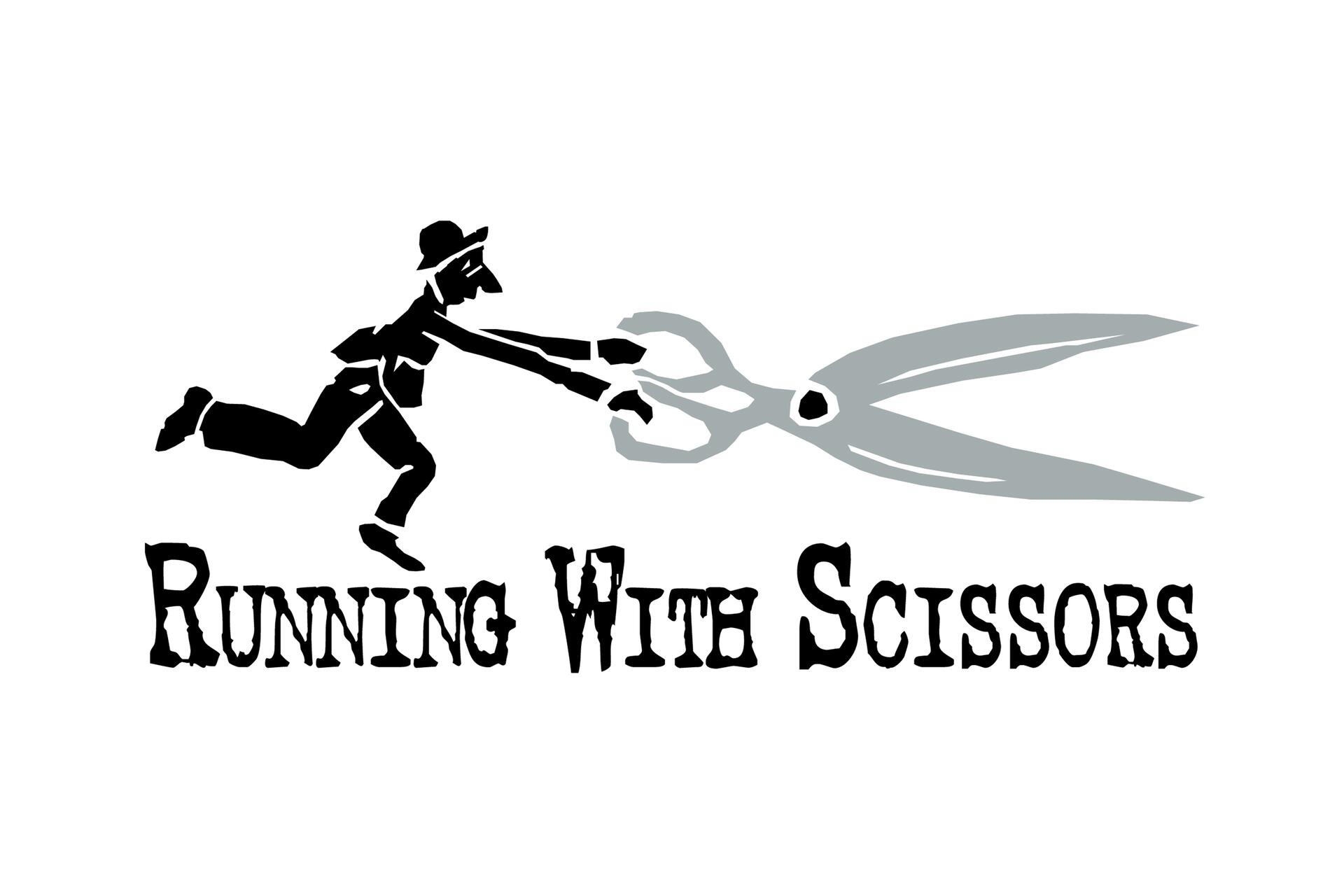 Silhouette of a person running toward an oversized pair of scissors, with the text "Running With Scissors" below.