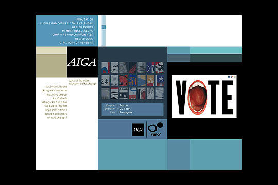 A web design featuring a collage with the word "VOTE" in bold letters beside an open mouth. The color scheme includes blue and white with various graphic elements and logos of AIGA and Yupo.
