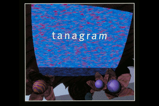 Blue textured graphic with the word "tanagram" centered, featuring abstract purple and brown shapes resembling flowers or plants at the bottom.