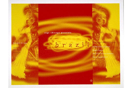 Poster with tribal dancers on a yellow and red background, featuring swirling patterns and text about an event titled "Brazil," organized by AIGA Chicago.
