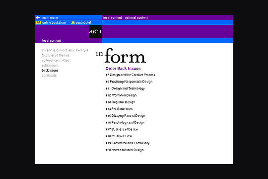 Webpage displaying navigation links and a list of orderable back issues with topics like design, technology, and community, set against a black background with purple headers.