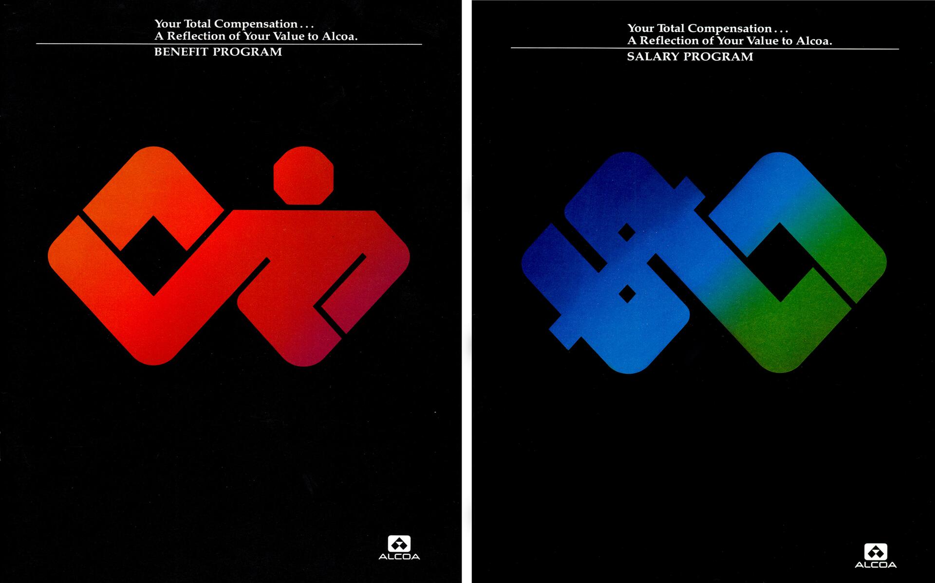 Two Alcoa logos on black backgrounds. Left logo is red, abstract human figure; right logo is blue-green geometric design.