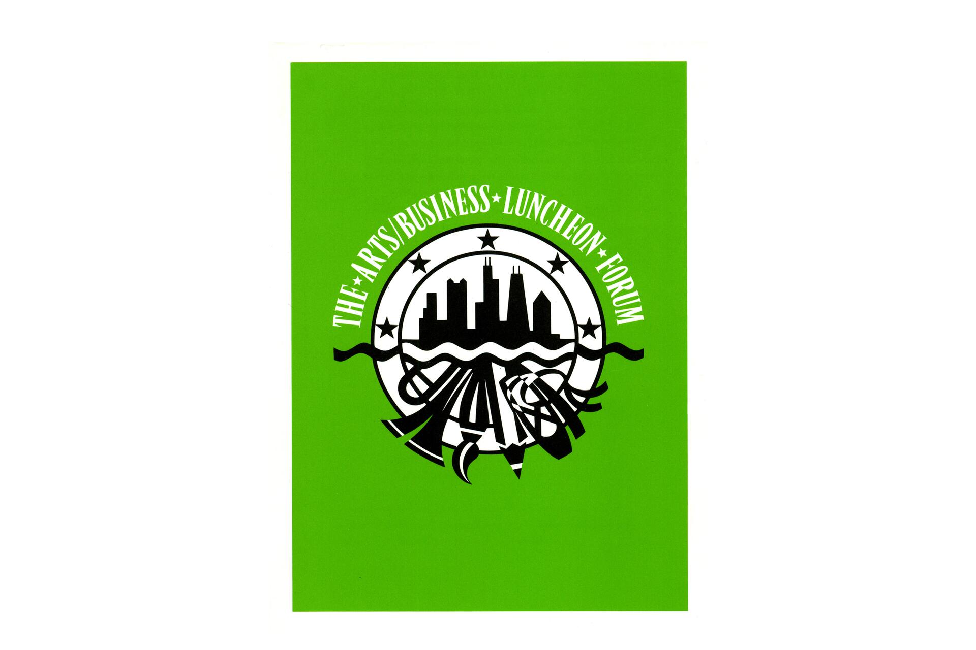 Green graphic with a city skyline silhouette in black, surrounded by stars and waves, with the text "The Arts Business Luncheon Forum" in white around the circle.