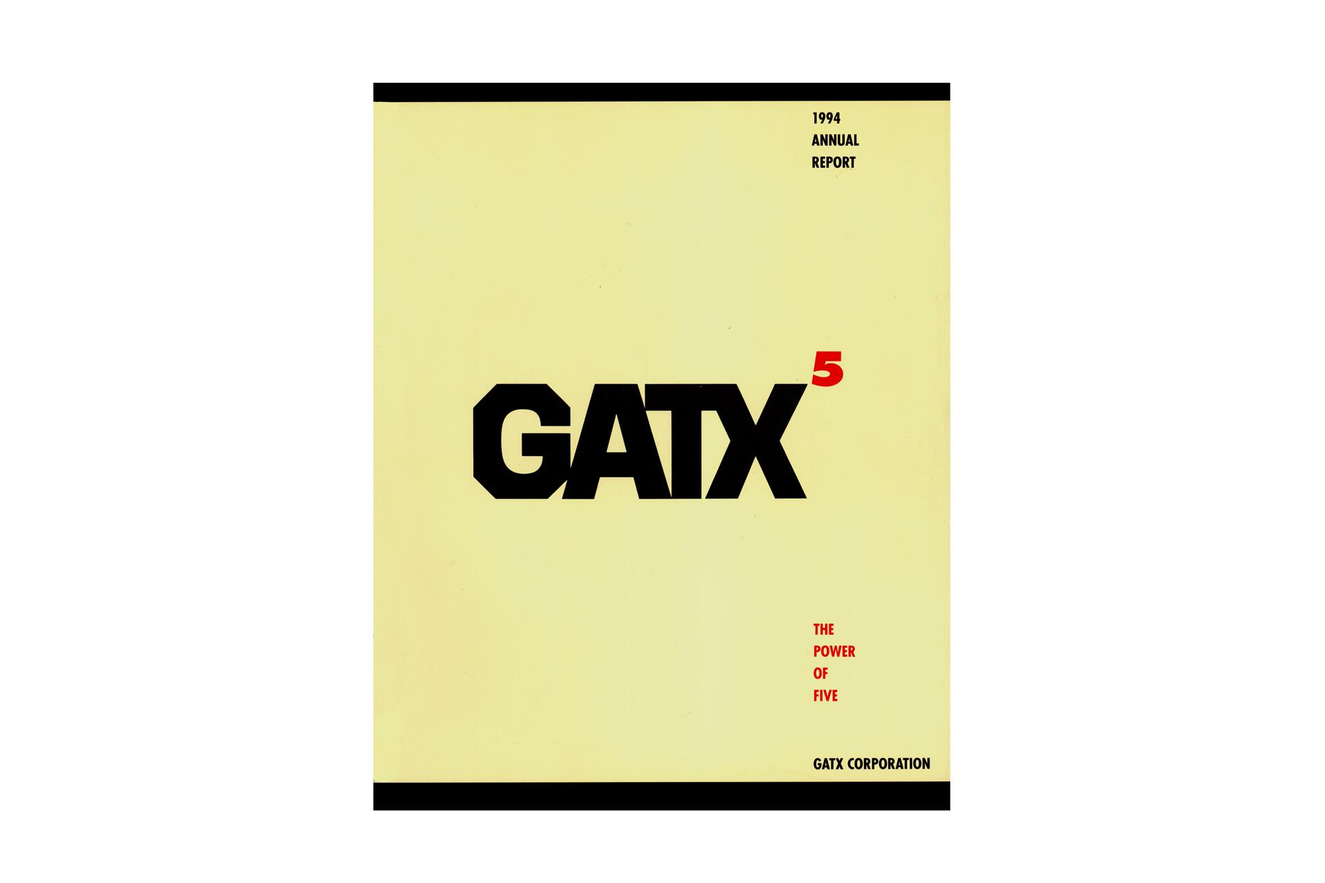 1994 GATX Annual Report cover with bold black text "GATX" and a small red "5" on a light yellow background. Red text reads "The Power of Five."