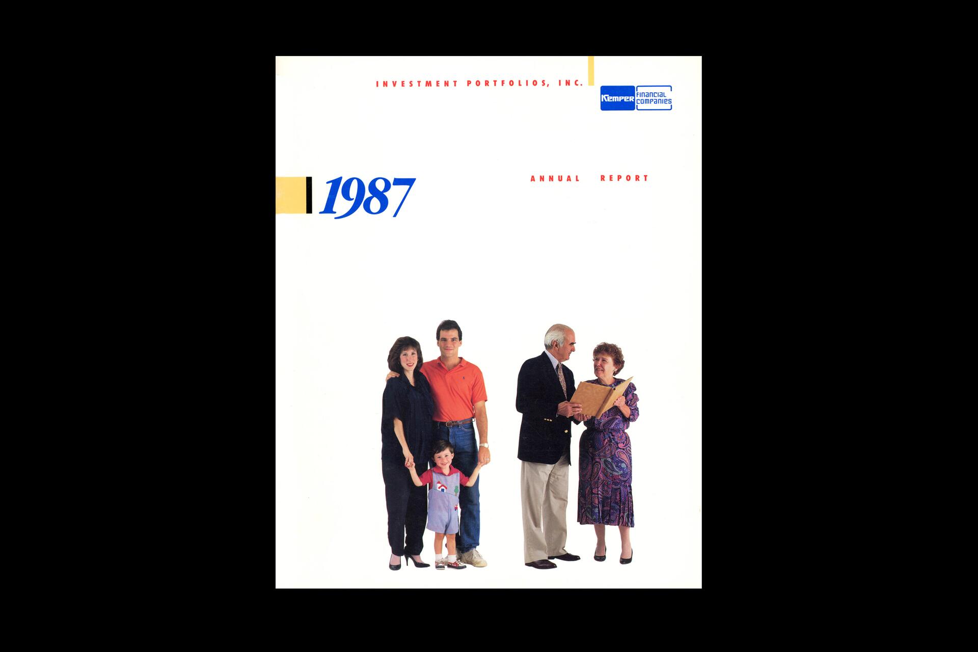 Family of four stands together, with a man in a red shirt and a woman holding their child. Nearby, an older couple, the man holds papers, while the woman looks on, smiling. The background is a white cover with blue and red text.