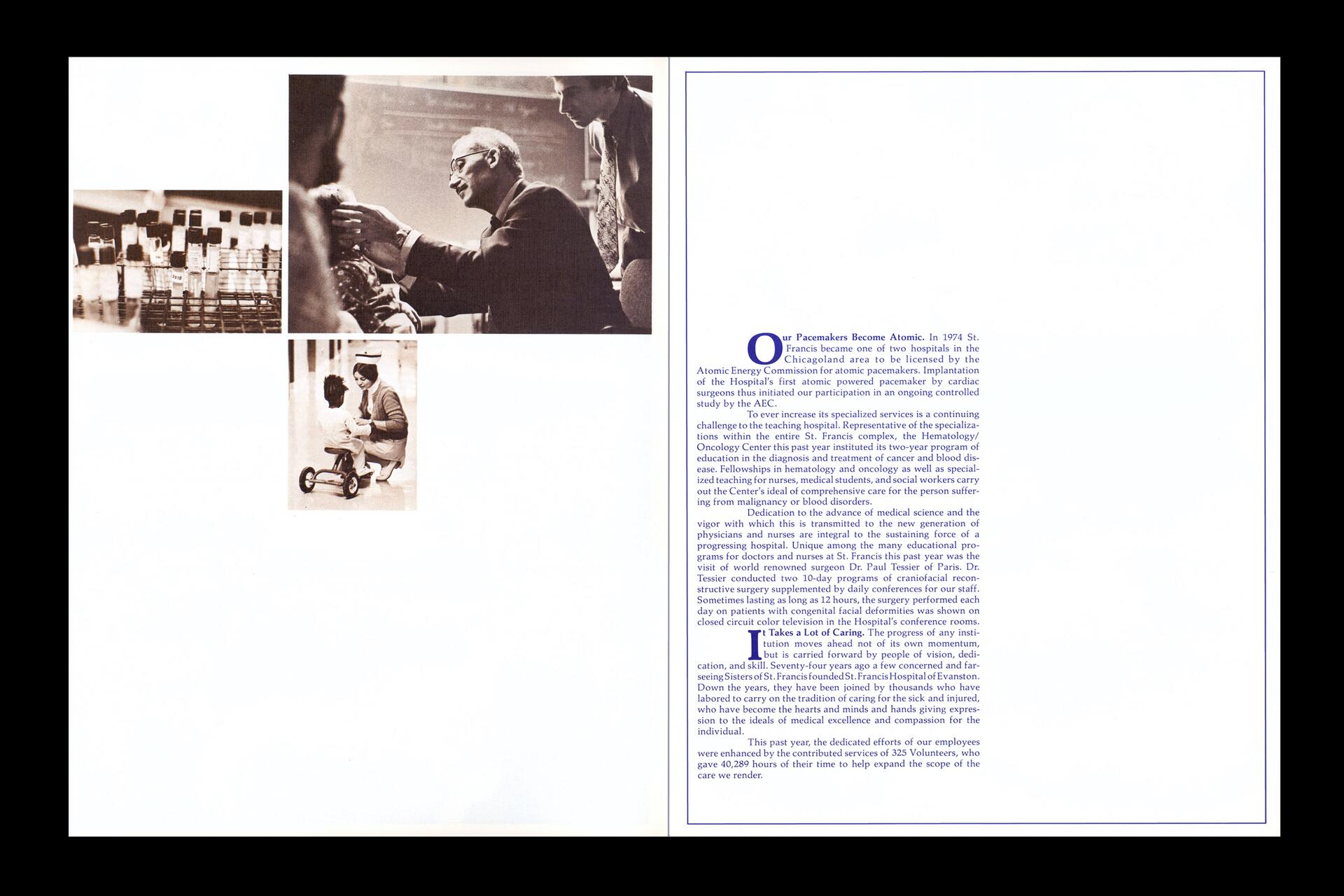 Three sepia-toned photographs; one shows vials on a rack, another features a man in a suit interacting with a patient, and a third depicts a nurse kneeling beside a child on a tricycle. The right side contains text detailing advancements in medical services.