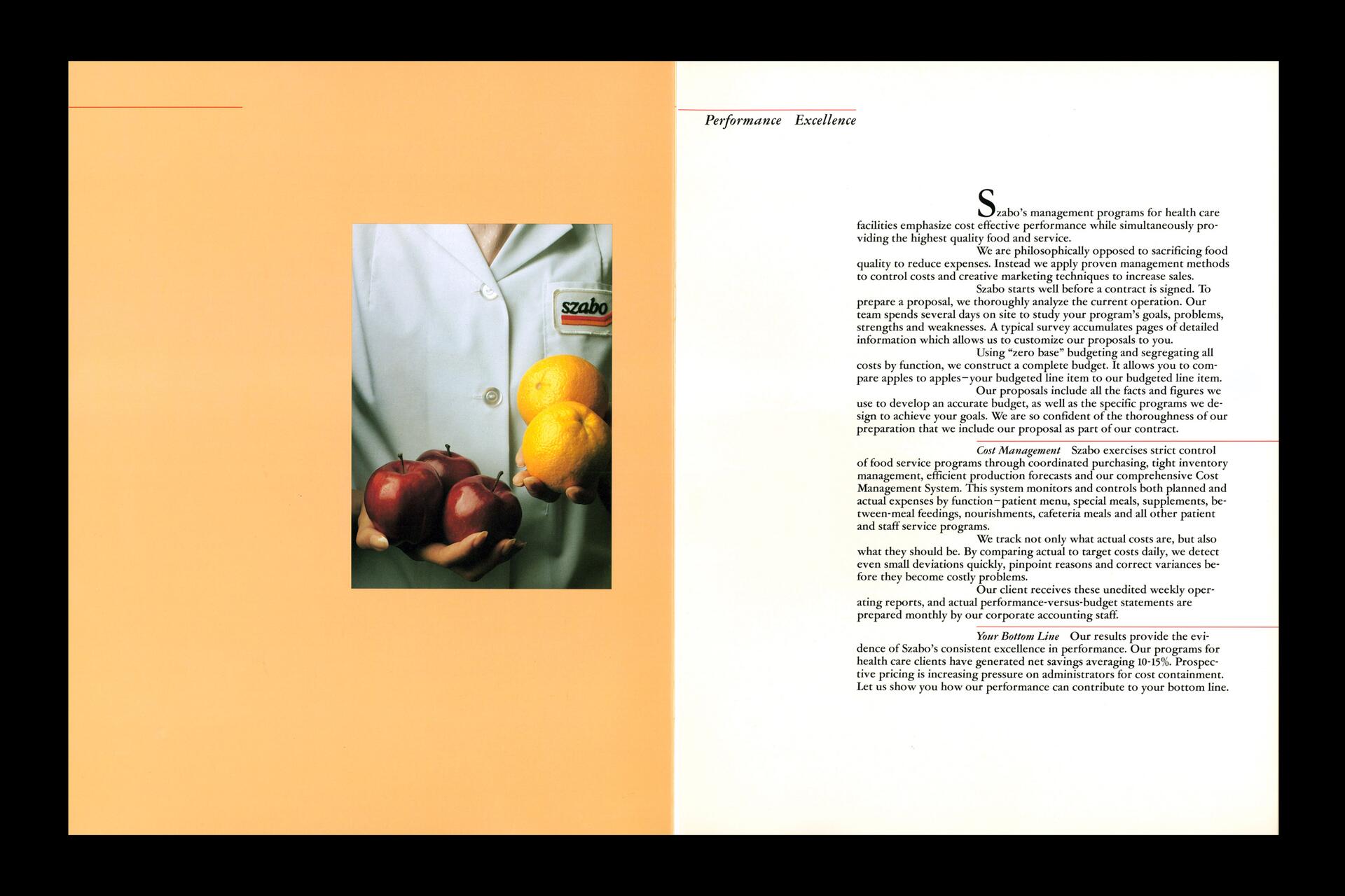 Person in a white coat labeled "Szabo," holding two red apples and two oranges against a light orange background.