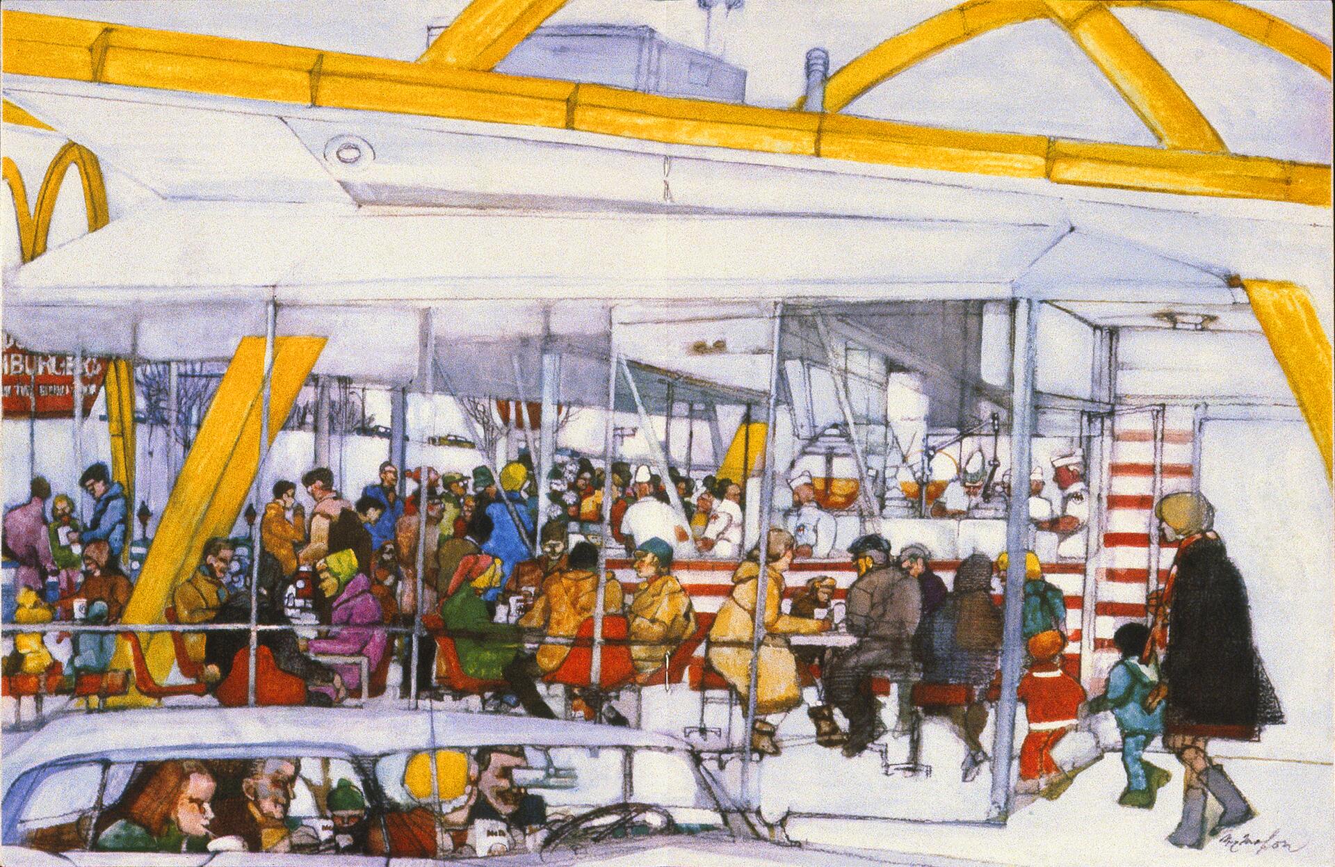 Busy restaurant scene with people seated and standing, colorful clothing, large yellow arches overhead. A mix of adults and children in a lively atmosphere.