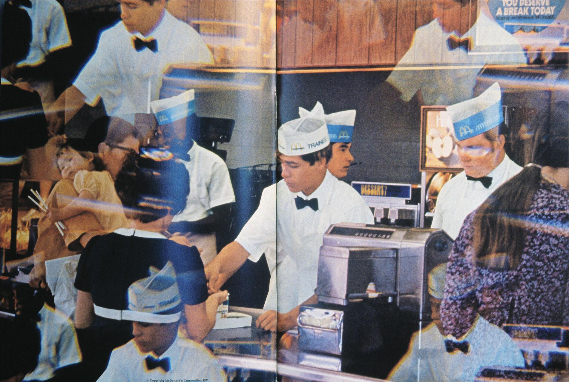 Abstract composition of employees in white uniforms and bow ties working behind a fast-food counter, with overlapping images of customers, including a child being held. The scene has a vintage, busy atmosphere with a mix of colors and textures.