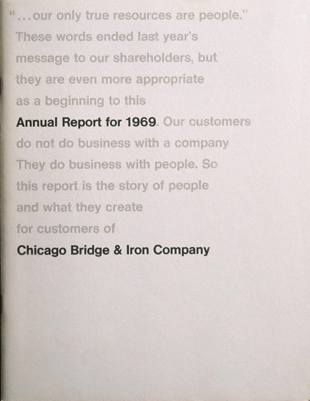 Text on a page from the Annual Report for 1969 by Chicago Bridge & Iron Company emphasizes the importance of people as the company's main resource, highlighting customer relationships and the human element in business.
