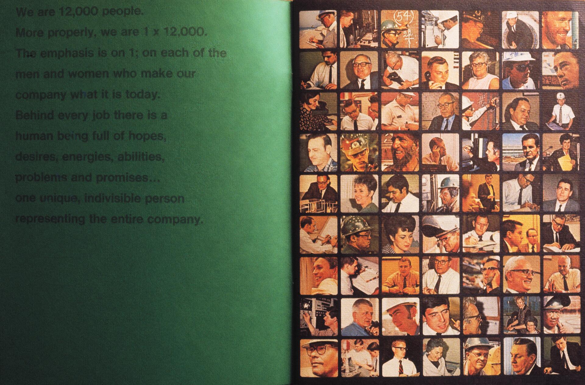 Collage of diverse men and women in professional settings; each image in a small square grid. Text on the left emphasizes the individual significance of employees in a company, set against a green background.