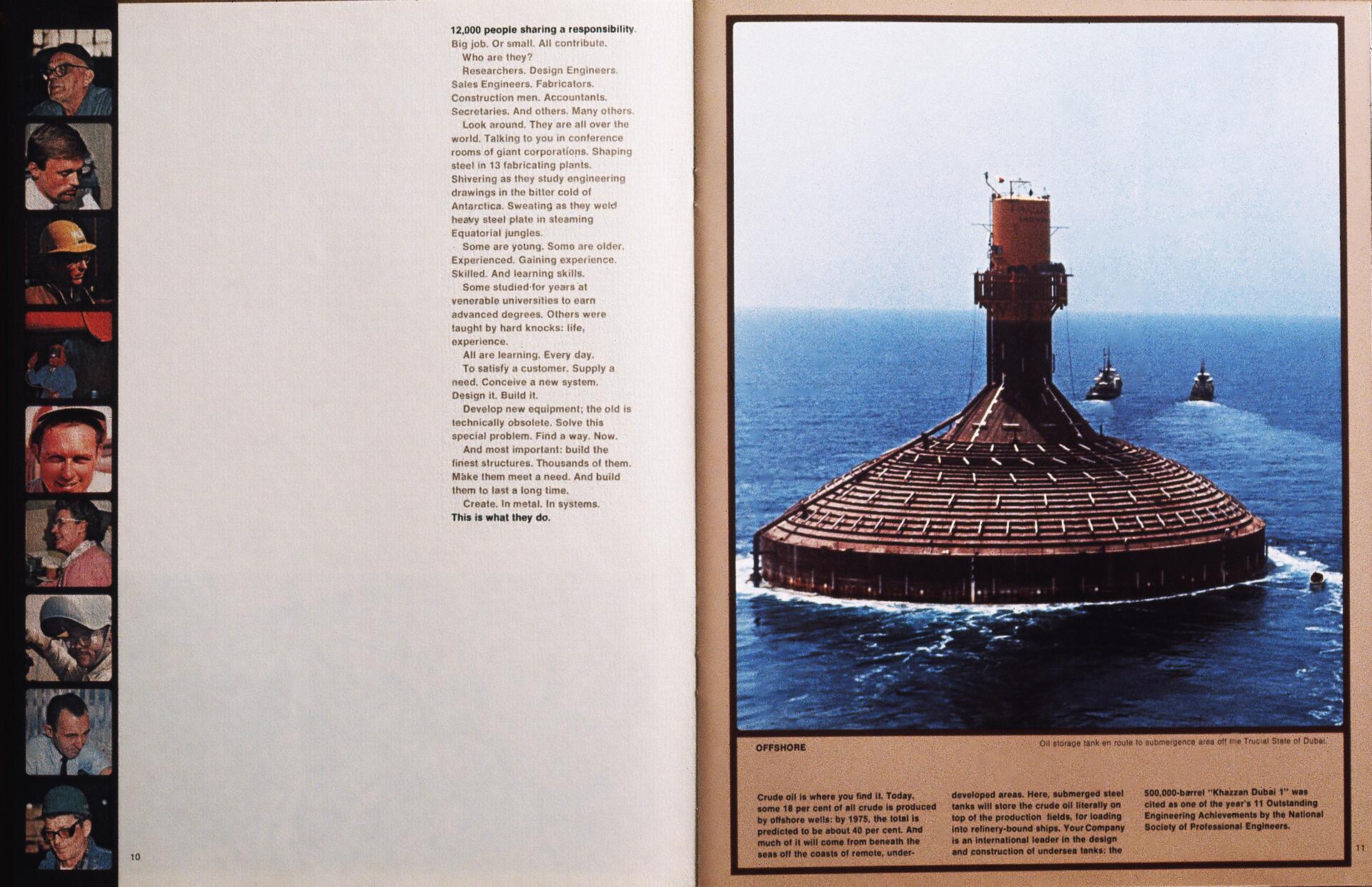 An offshore oil storage tank on the ocean, with two ships nearby. On the left, a vertical strip shows various close-up photos of workers. The text on the left page discusses the teamwork of 12,000 people.