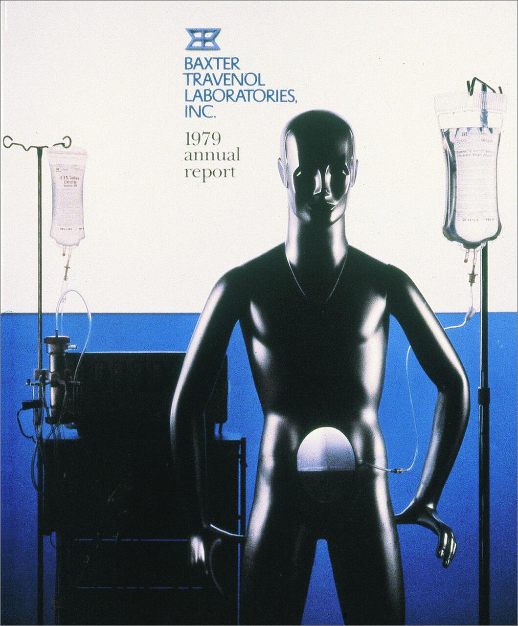 Dark mannequin with IV bags on stands, set against a blue and white background labeled "Baxter Travenol Laboratories, Inc. 1979 annual report".