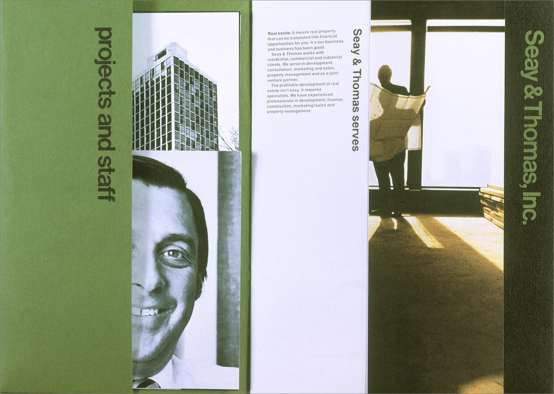 Green and white brochure for Seay & Thomas, Inc. featuring a black-and-white photo of a smiling man and a building. A silhouette of a person holding plans near a large window is in the background. Text includes services offered.