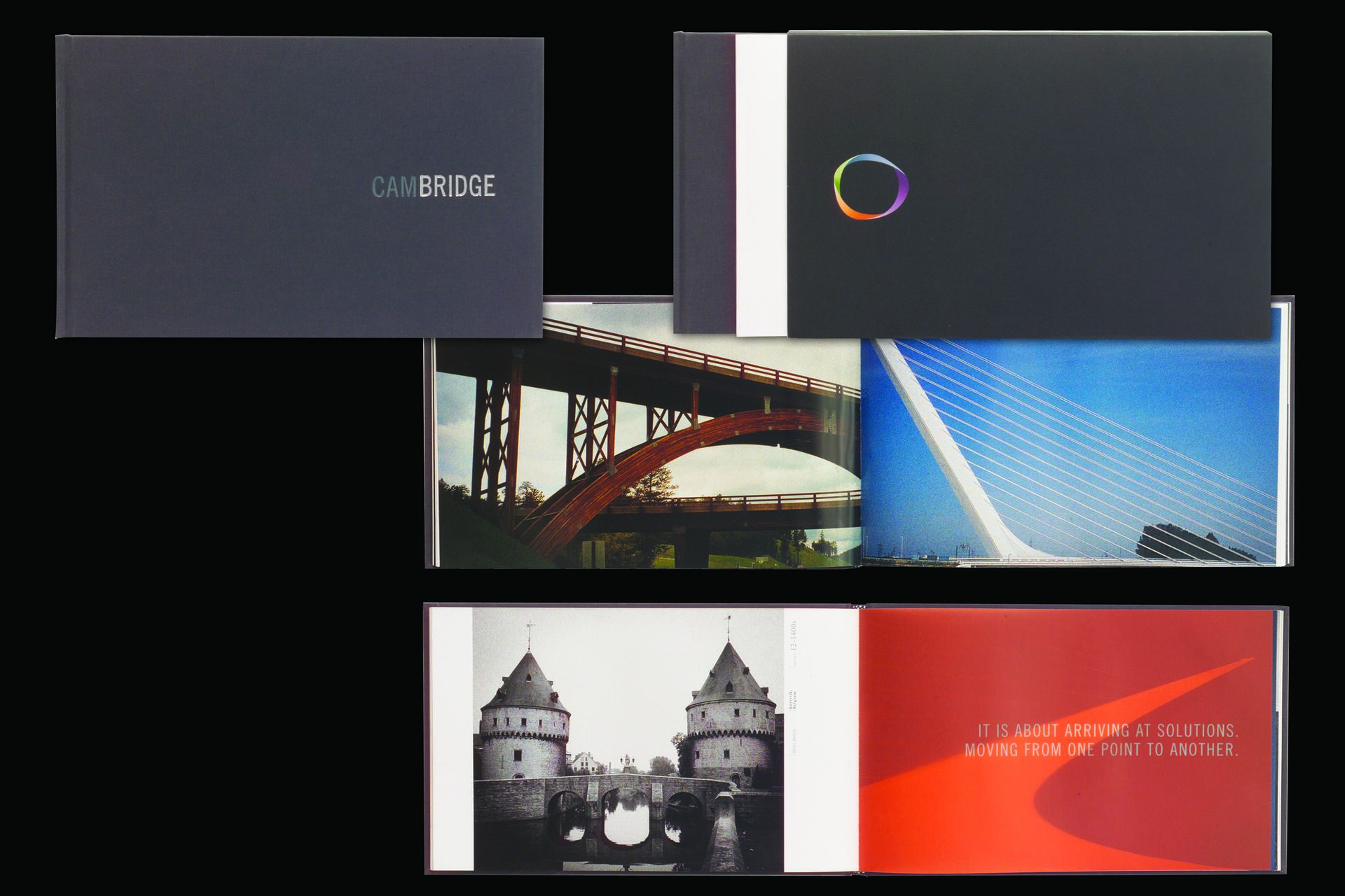 Three open books with photographs of bridges and architectural elements. Top book with the word "Cambridge" on the cover, middle book shows two bridges, and the bottom book features a black-and-white image of castle towers.