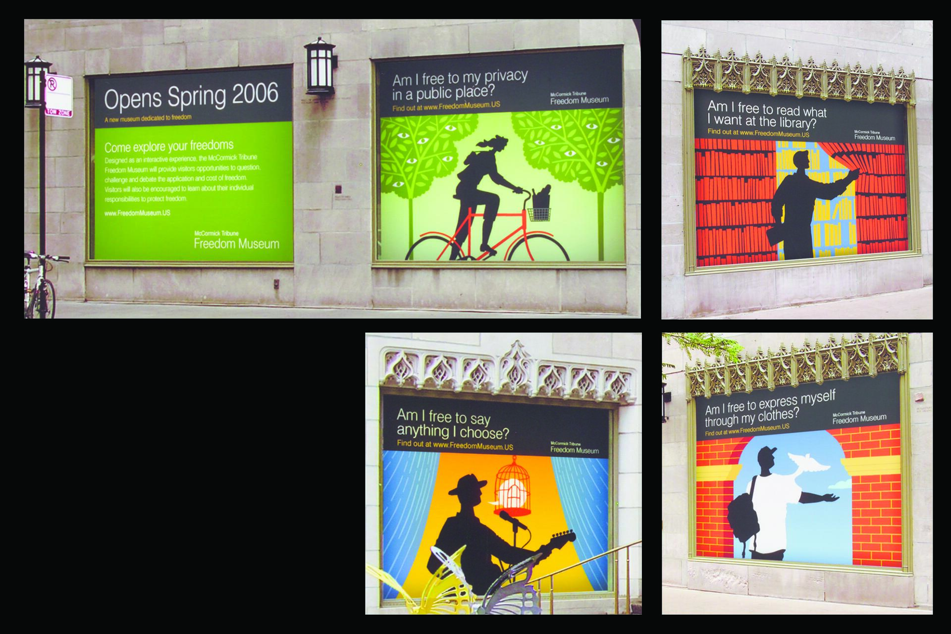 Four colorful posters on a building advertise the McCormick Tribune Freedom Museum. Each poses a question about personal freedoms, featuring silhouettes in various settings like cycling, reading at the library, performing, and expressing through clothing.
