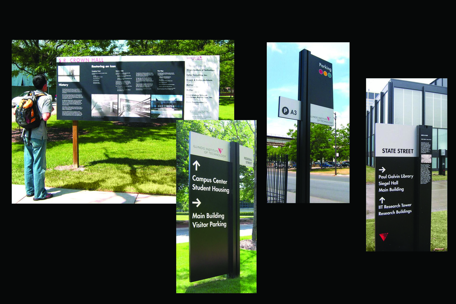 Collage of directional signs on a college campus. The signs include campus information, parking, and directions to various buildings, with a person reading one sign in a grassy area.
