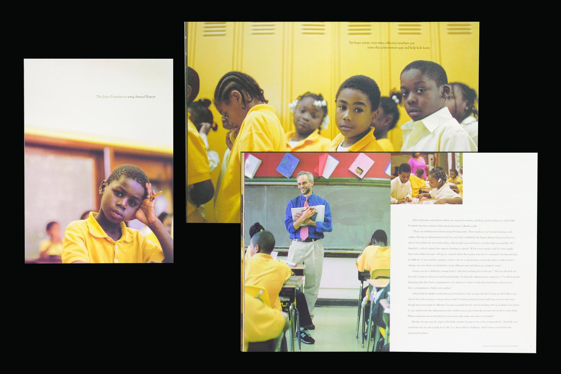 A classroom setting collage consisting of students in yellow uniforms, some looking contemplative, and a teacher smiling at the front of the class. Text in various areas without specific details.