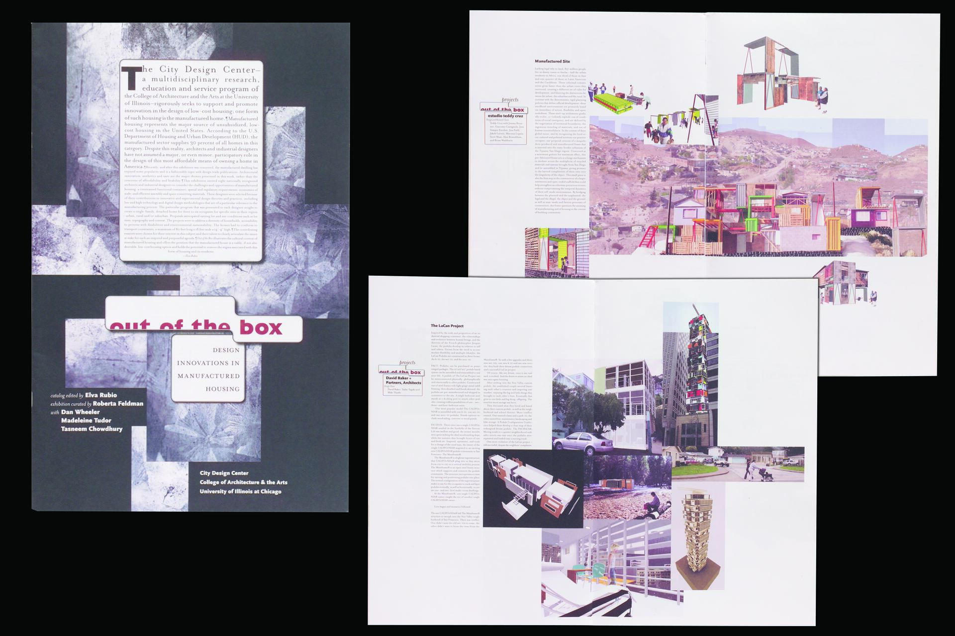 Graphic design showcasing "Out of the Box: Design Innovations in Manufactured Housing" displayed in a brochure format. Includes abstract architectural layouts and text blocks on a purple-toned background across multiple pages.
