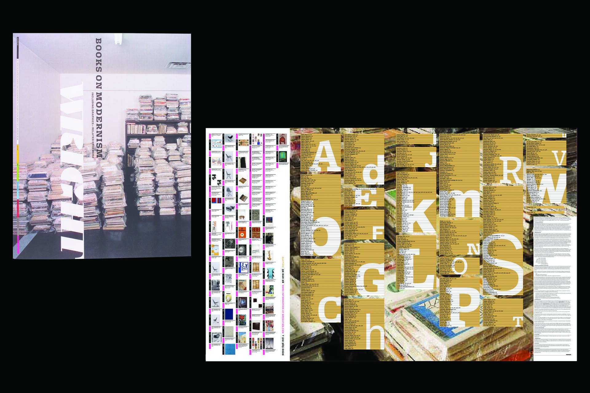 Two graphic designs featuring stacks of books. The left design shows neatly stacked books in a room with white walls and black floor. The right design highlights a fragmented background with yellow blocks containing white letters and text.