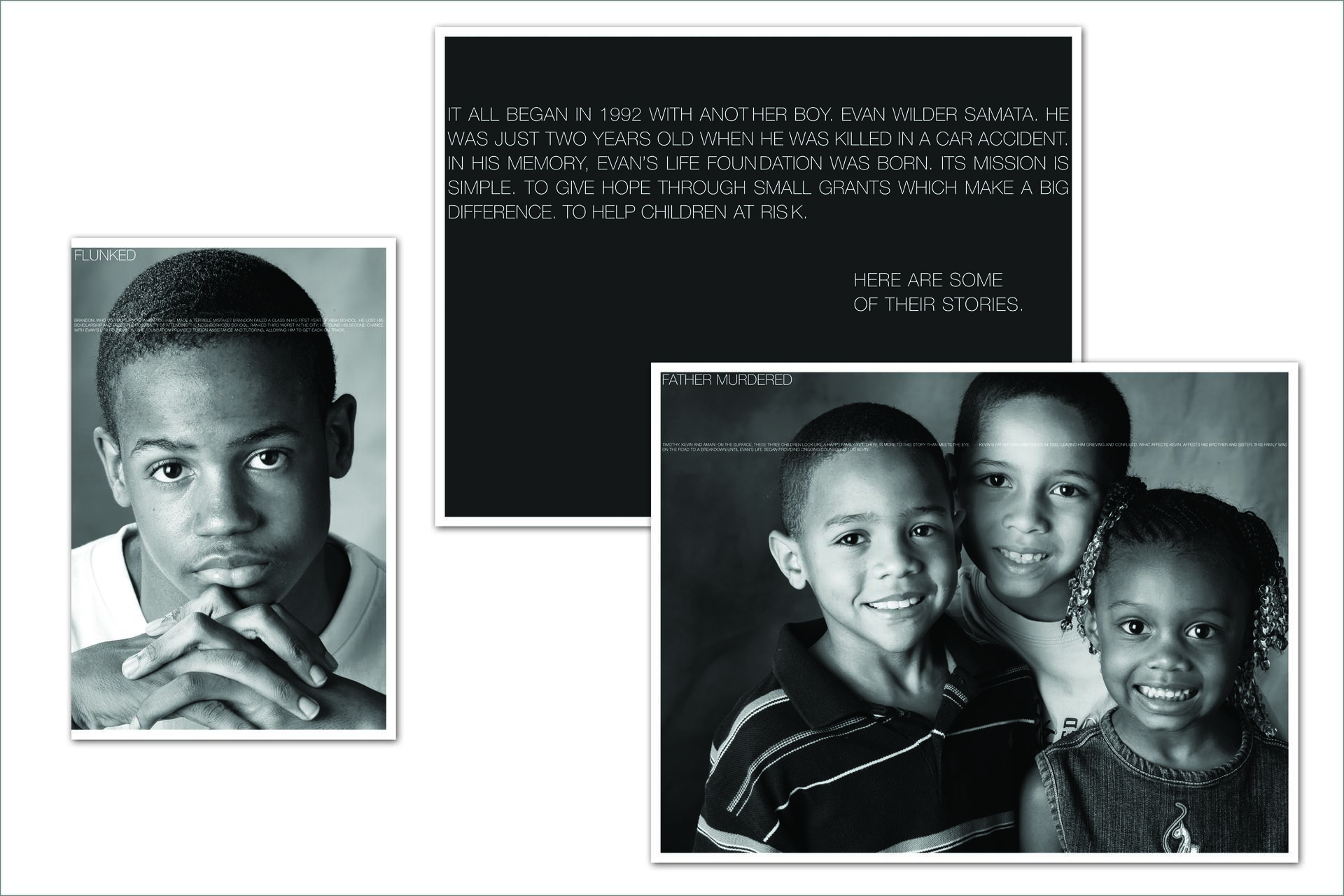 Black-and-white photographs of children. The left image shows a boy with hands clasped under his chin, looking serious. The right image features three smiling children, two boys and a girl, standing close together.