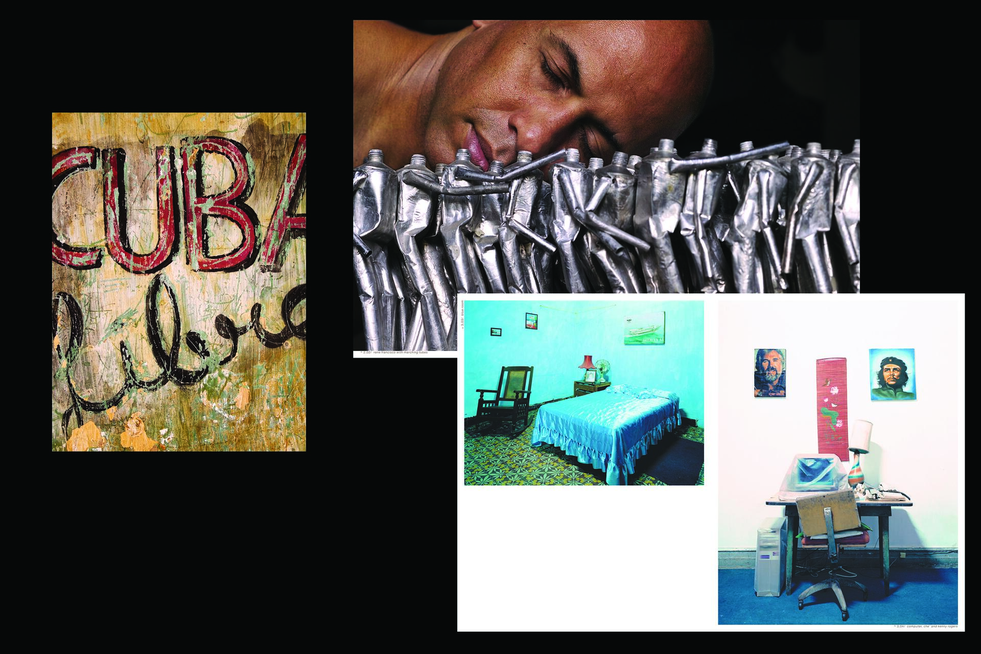 Collage featuring a close-up of a man's face with metal figurines, a colorful "Cuba" mural, a simple room with a bed and chair, and a workspace with computer and portraits on the wall.