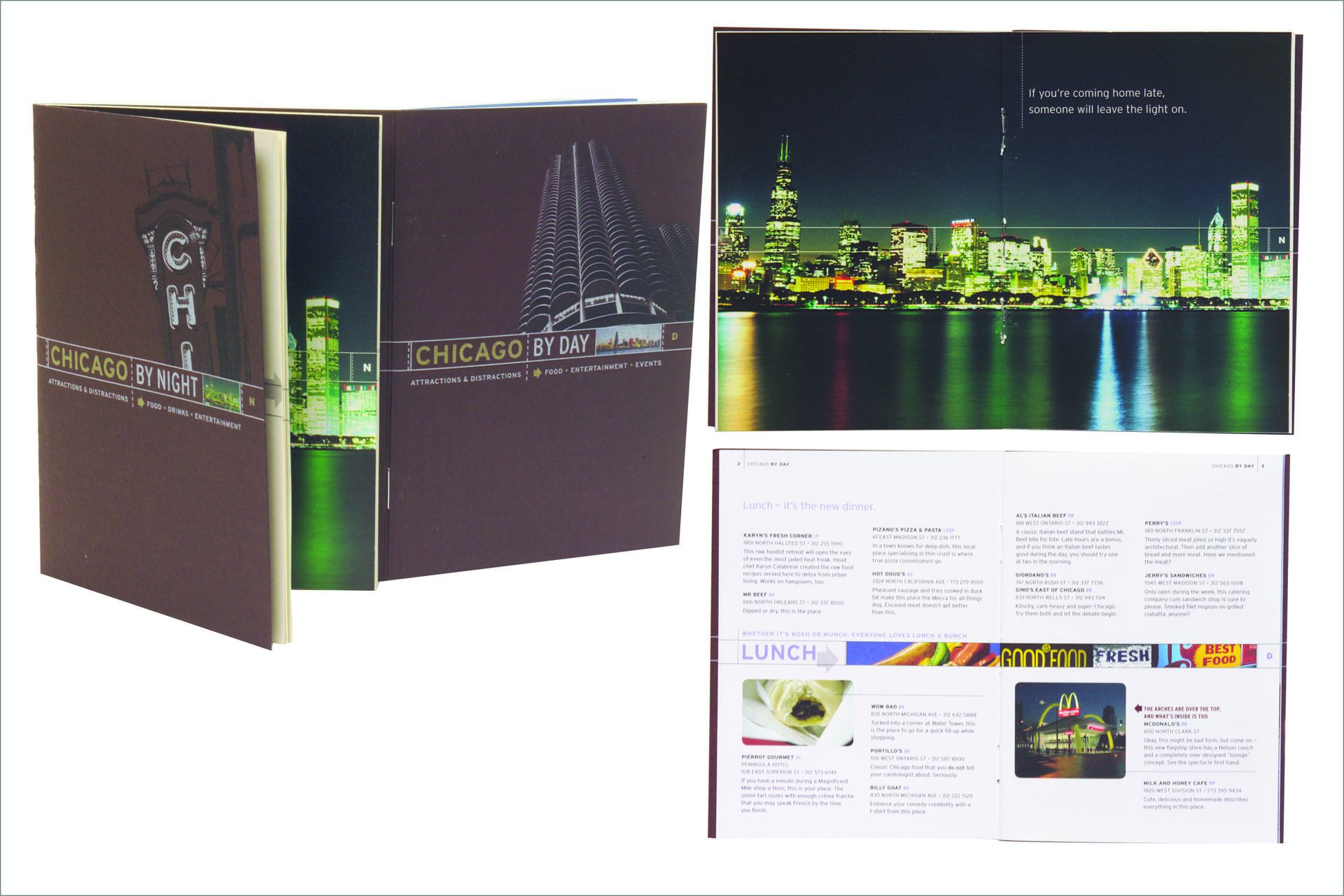 Brochures showcasing Chicago by day and night, featuring a night skyline of illuminated city buildings reflected in water on top, and dining recommendations with small dish images below.