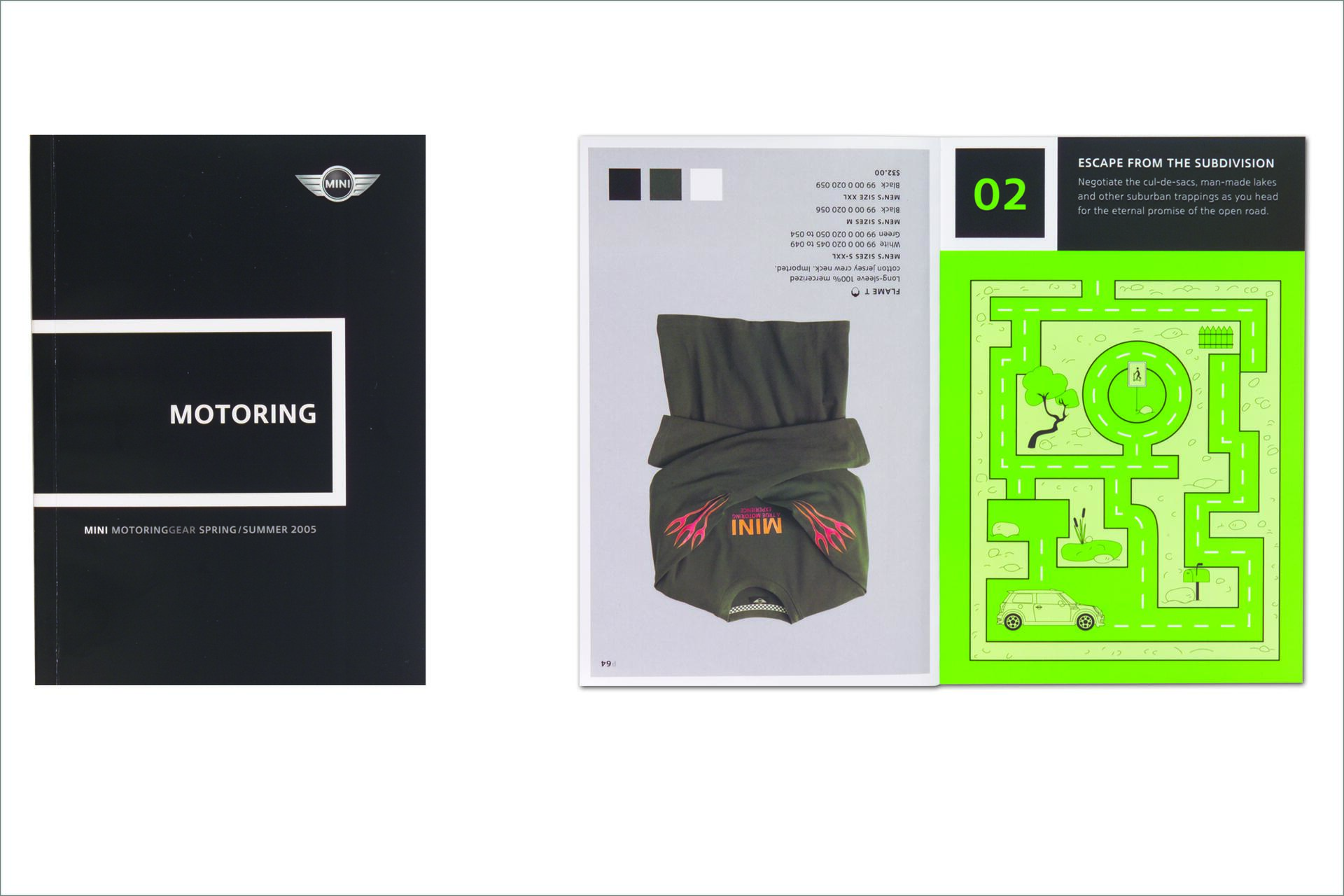 Black cover titled "Motoring" with Mini logo, and an open magazine page showing a folded T-shirt with pink flames and a bright green maze graphic.