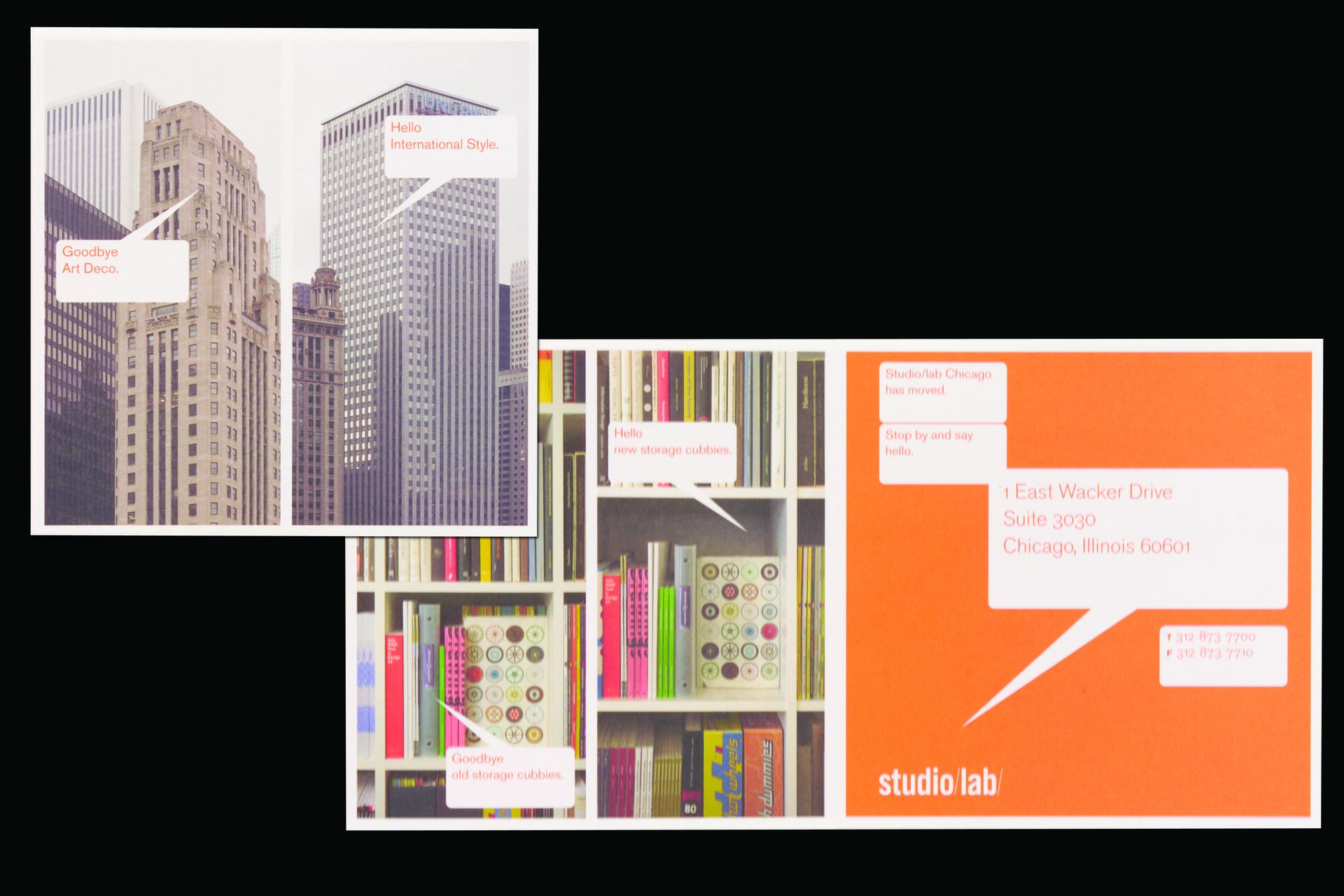 Vintage-style graphic showing Chicago buildings with Art Deco and International Style labels, alongside bookshelves labeled with new and old storage cubbies. A bright orange section includes updated address details for a design studio.