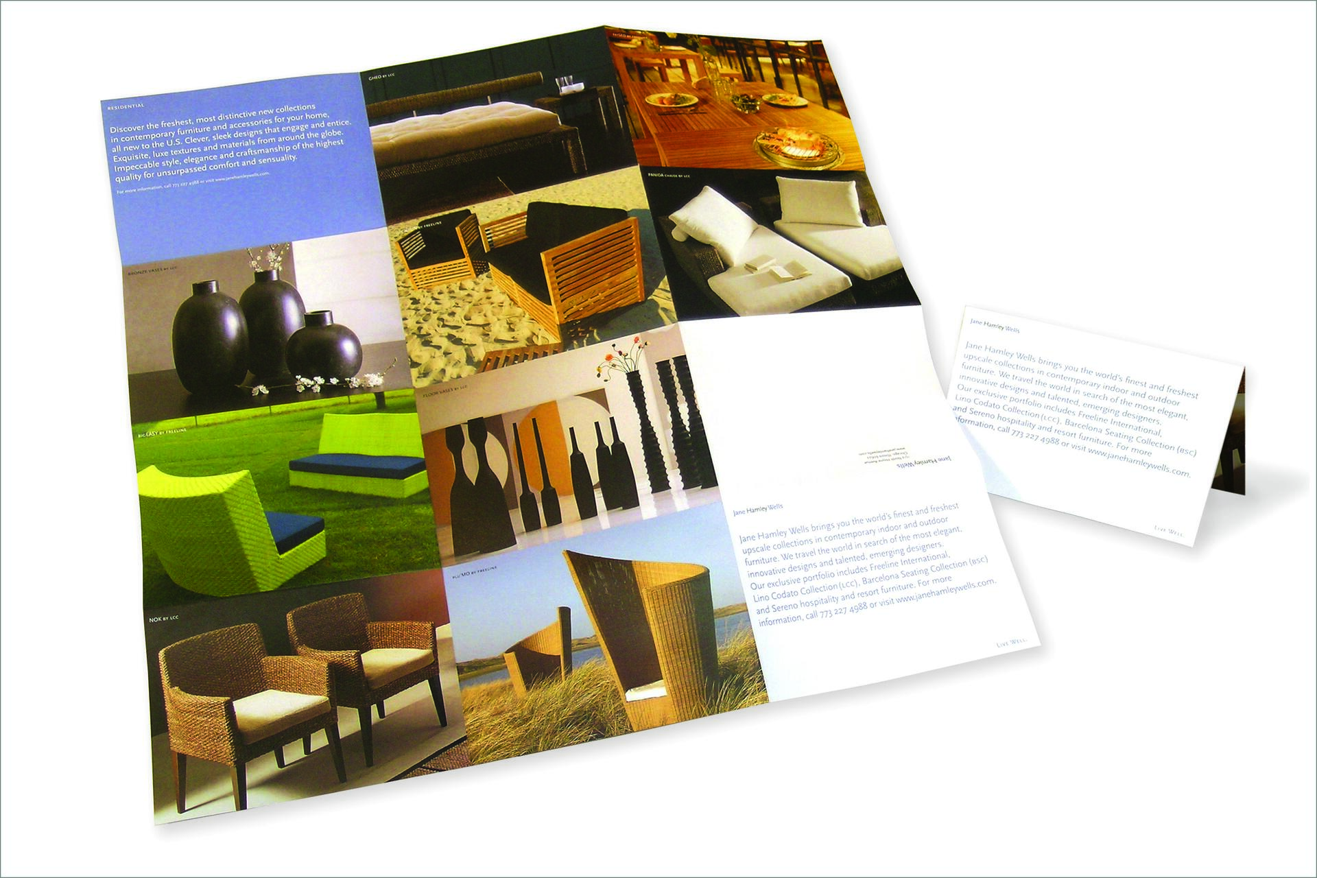 A brochure featuring images of modern furniture, including chairs, tables, and decorative vases, with a separate card containing text beside it.