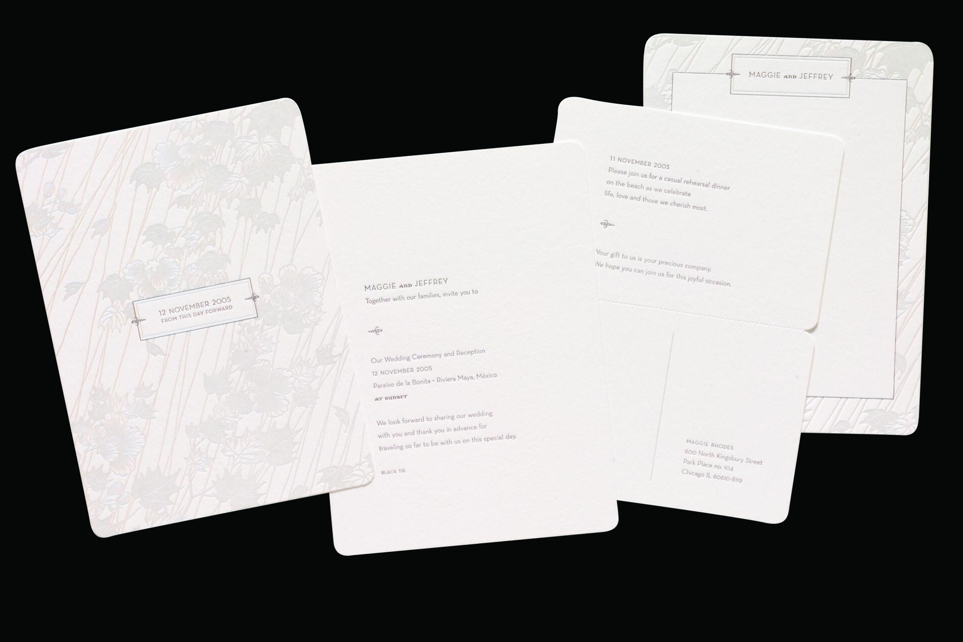 Wedding invitation set with elegant floral design. Includes details for a ceremony on November 12, 2005, and a rehearsal dinner on November 11, 2005. Contains names "Maggie and Jeffrey" with locations and RSVP information.