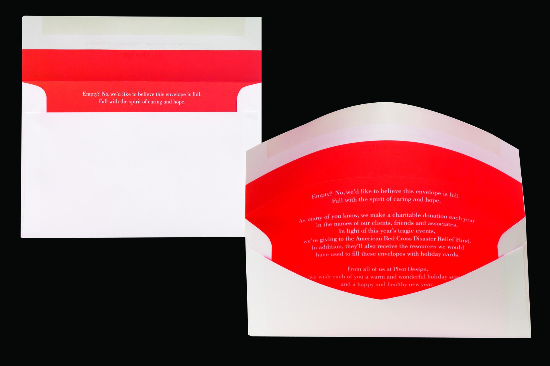 Two envelopes, one closed and one open, showing a red interior with white text expressing holiday greetings and a message about charitable donations, creating a feeling of generosity and compassion.