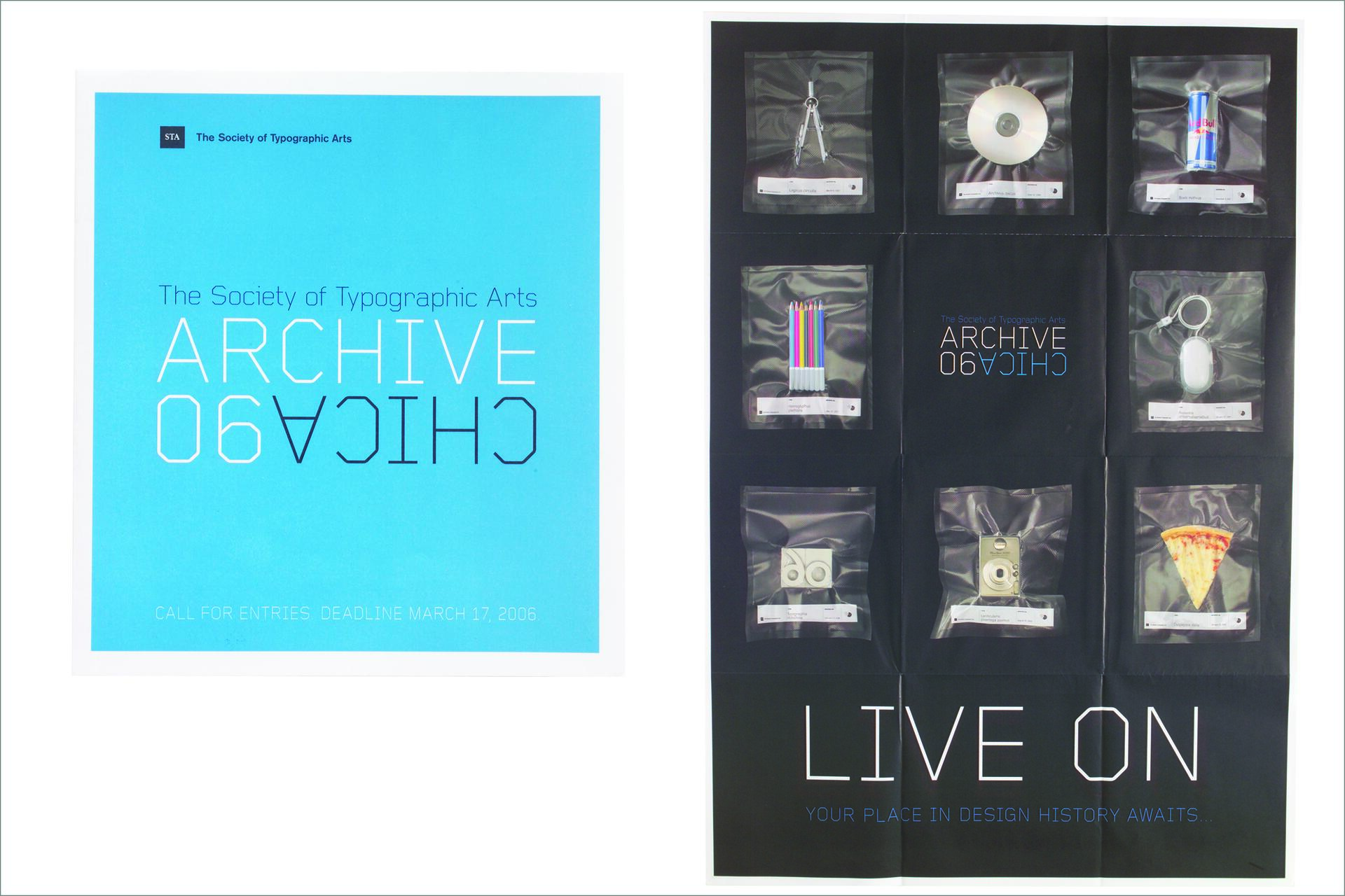Two posters displayed side by side; the left features a blue background with "ARCHIVE CHICAGO" text, and the right shows a black grid with various items, each in its own compartment, and the words "LIVE ON" at the bottom.