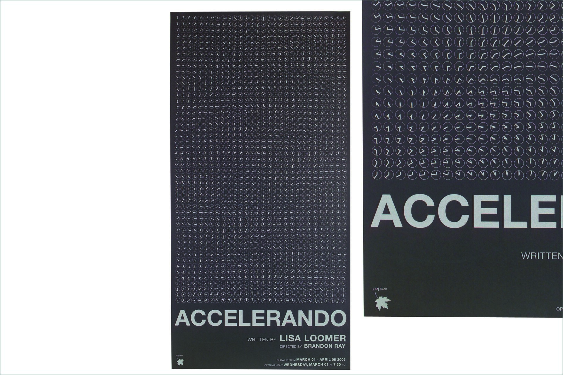 Theater poster for "Accelerando," with a pattern of clock faces and bold text. The play is written by Lisa Loomer and directed by Brandon Ray, with performance dates listed below.