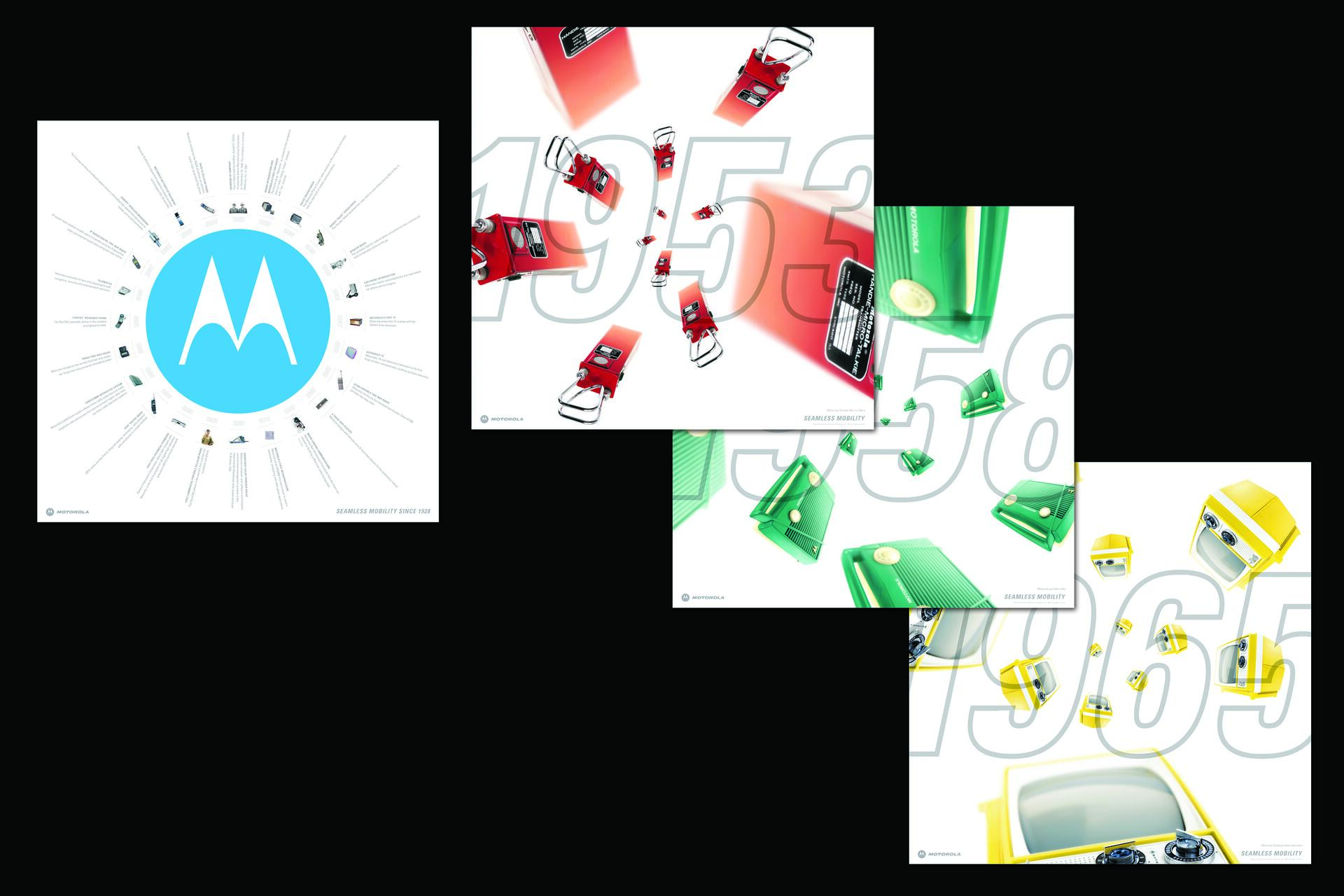Motorola graphic with a blue logo and retro devices in red, green, and yellow. Dates 1953, 1958, and 1965 are visible, showcasing technology evolution. White background and bold numbers.