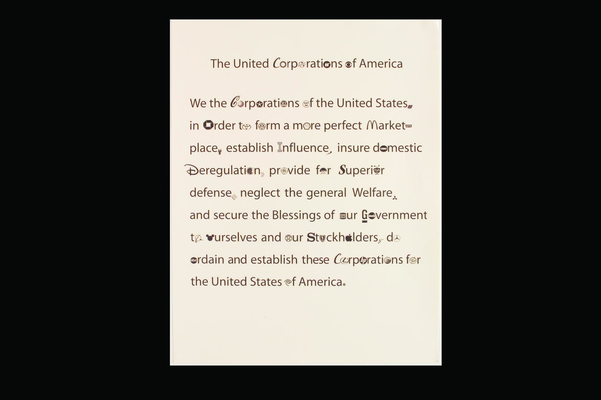 Text parody of the U.S. Constitution's preamble with words replaced to emphasize corporatism, featuring terms like "Corporate," "Marketplace," and "Stockholders."