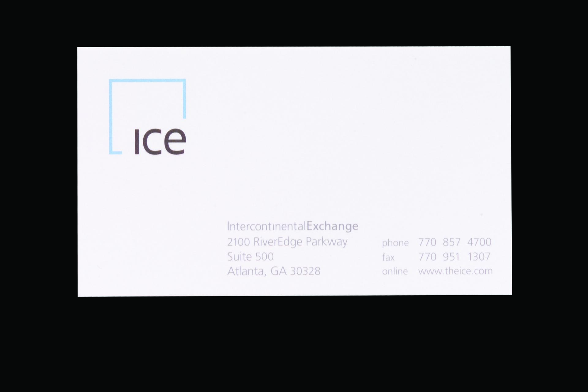 Business card for Intercontinental Exchange with the logo "ice" in blue and black. Provides address: 2100 RiverEdge Parkway, Suite 500, Atlanta, GA 30328. Contact numbers and website are included. White background with black text.