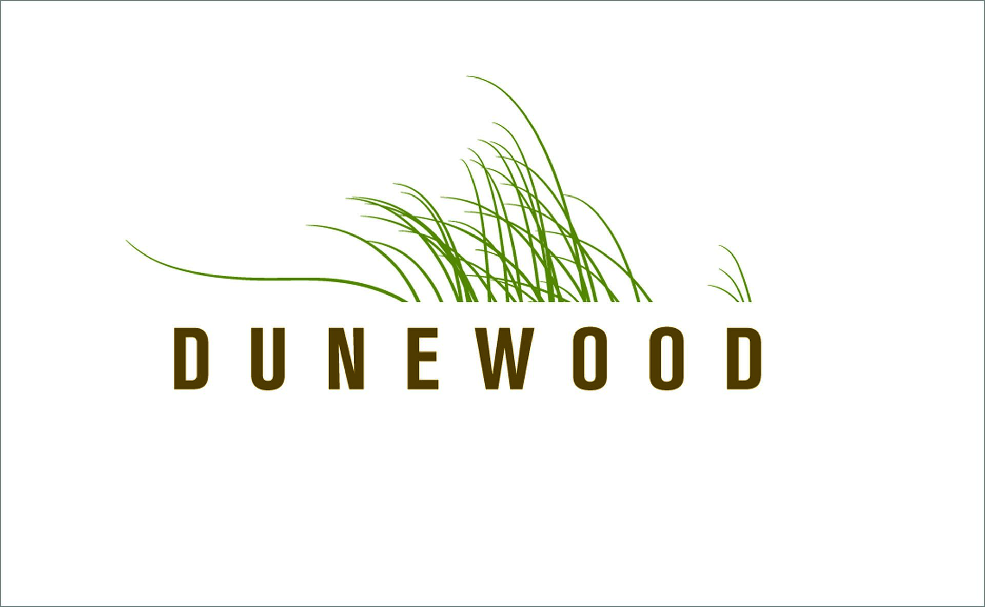 Logo with the word "DUNEWOOD" in brown letters, above green stylized dune grass, on a white background.