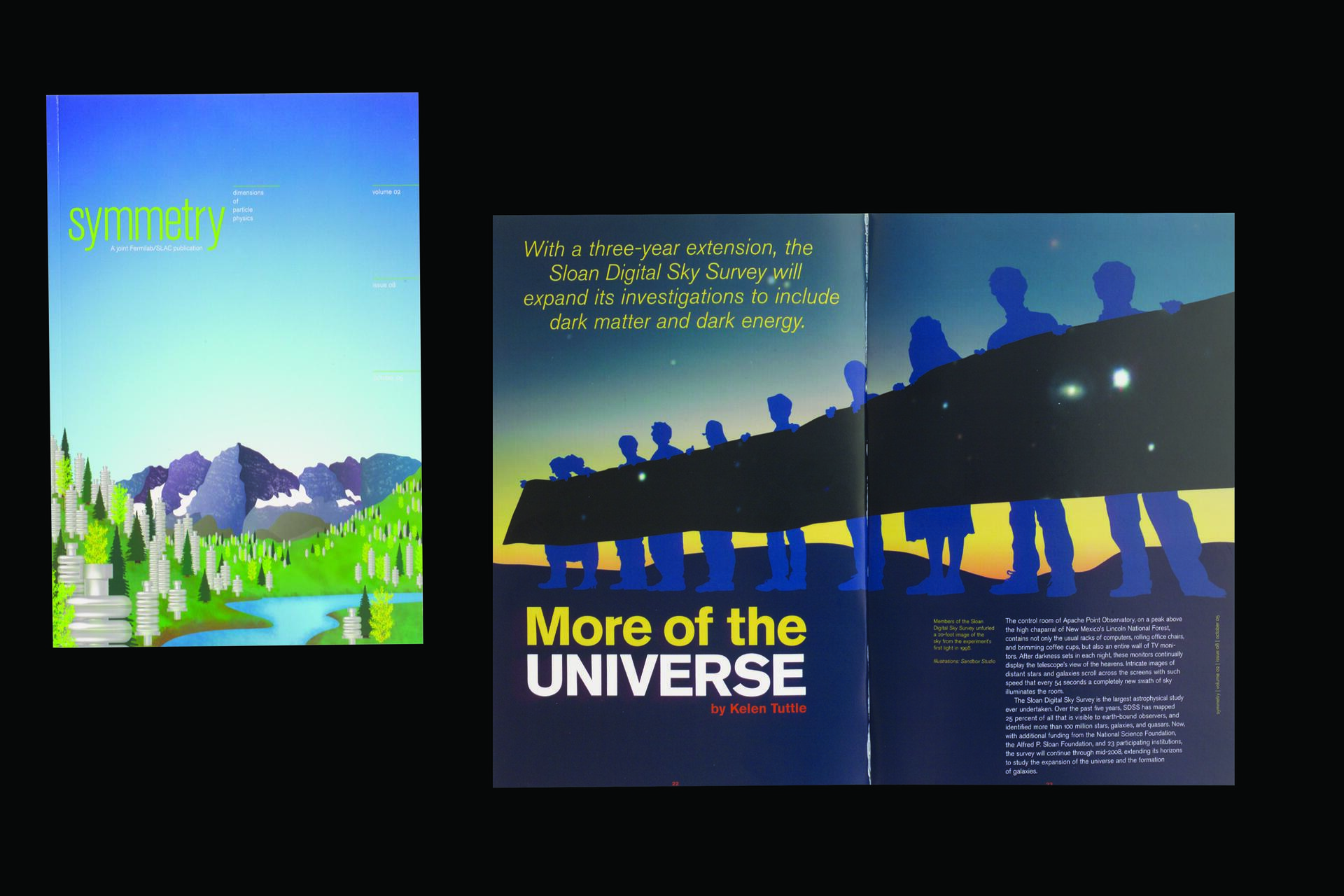 Left: Symmetry magazine cover with mountain and forest design. Right: Magazine spread featuring silhouettes of people against a starry sky, with text about the Sloan Digital Sky Survey's focus on dark matter and energy.