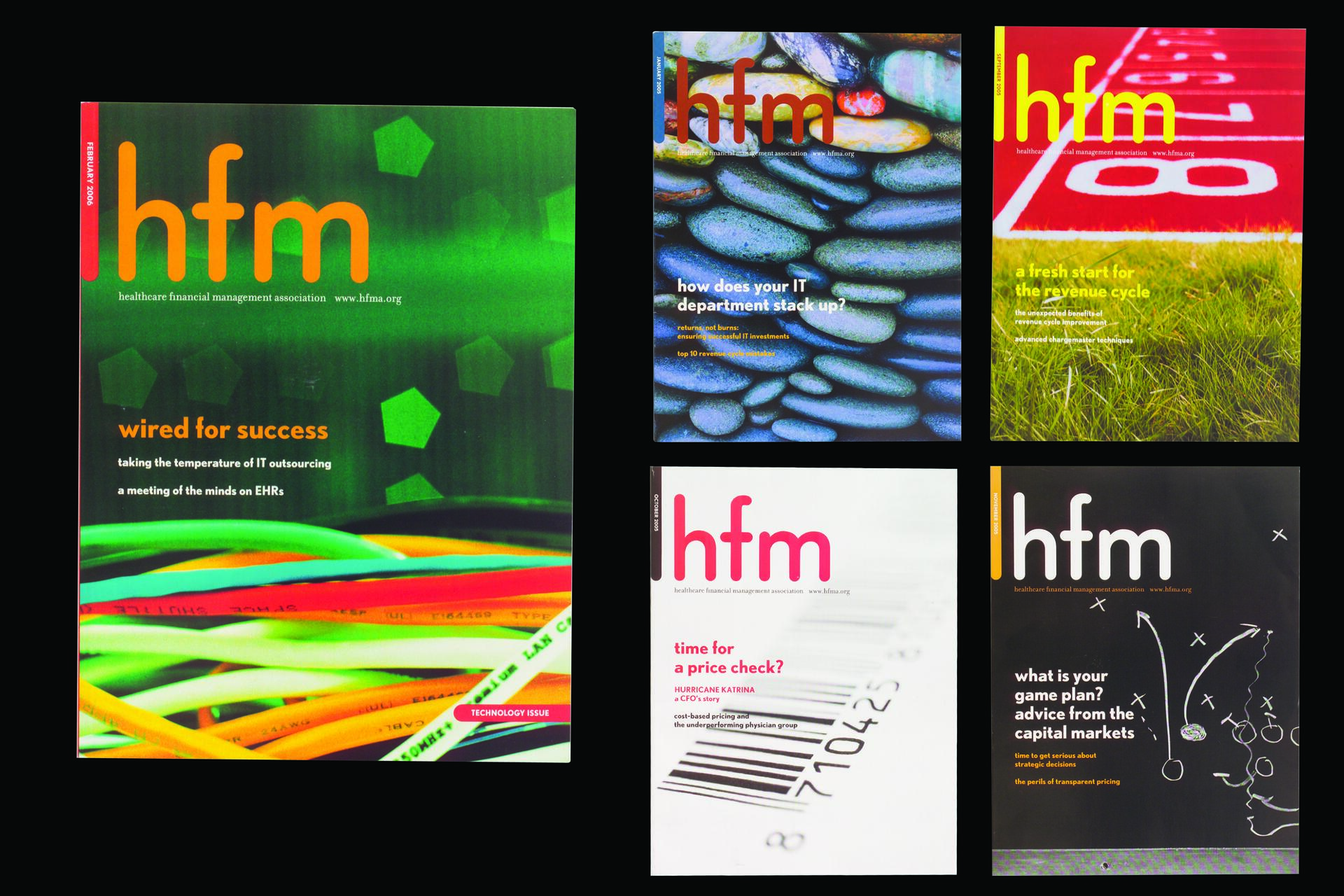 Five magazine covers of "hfm" each with distinct themes: neon cables, stacked stones, a running track, a barcode, and a chalkboard game plan. The covers show different colors and texts reflecting various business and finance topics.