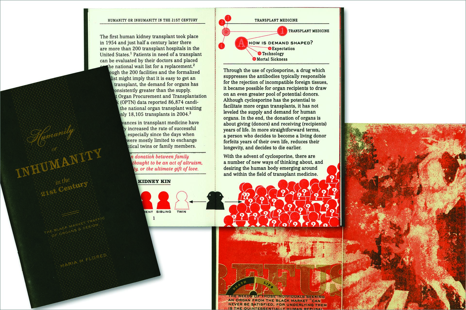 Book cover titled "Humanity or Inhumanity in the 21st Century" by Maria M. Flores alongside pages discussing organ transplantation, including diagrams and text about transplant medicine and family donation. Red and black graphic elements add emphasis.