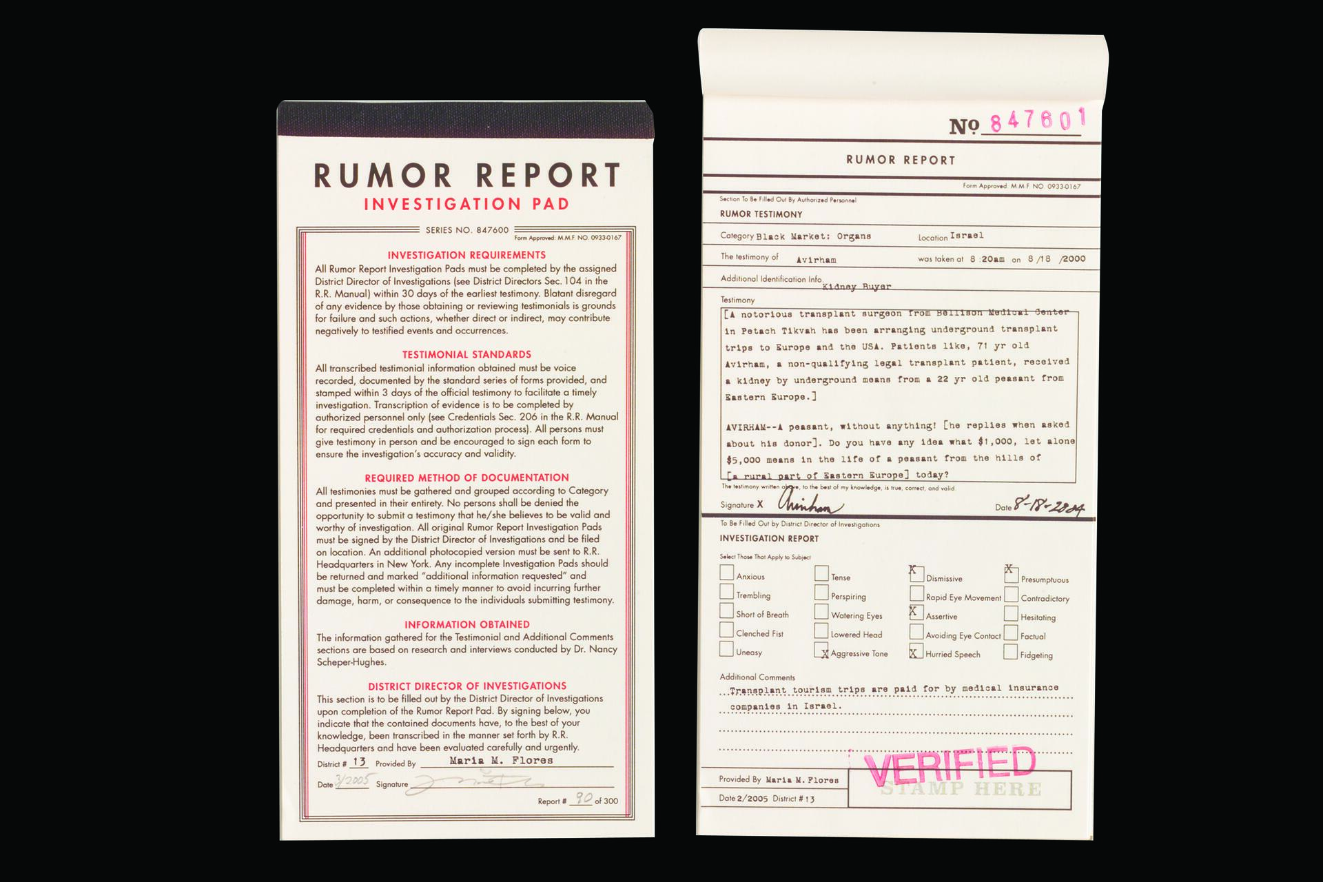 Two sheets from a "Rumor Report Investigation Pad." The left page outlines investigation procedures. The right sheet is partly filled with handwritten notes, checkboxes for emotional analysis, and a red "VERIFIED" stamp at the bottom.
