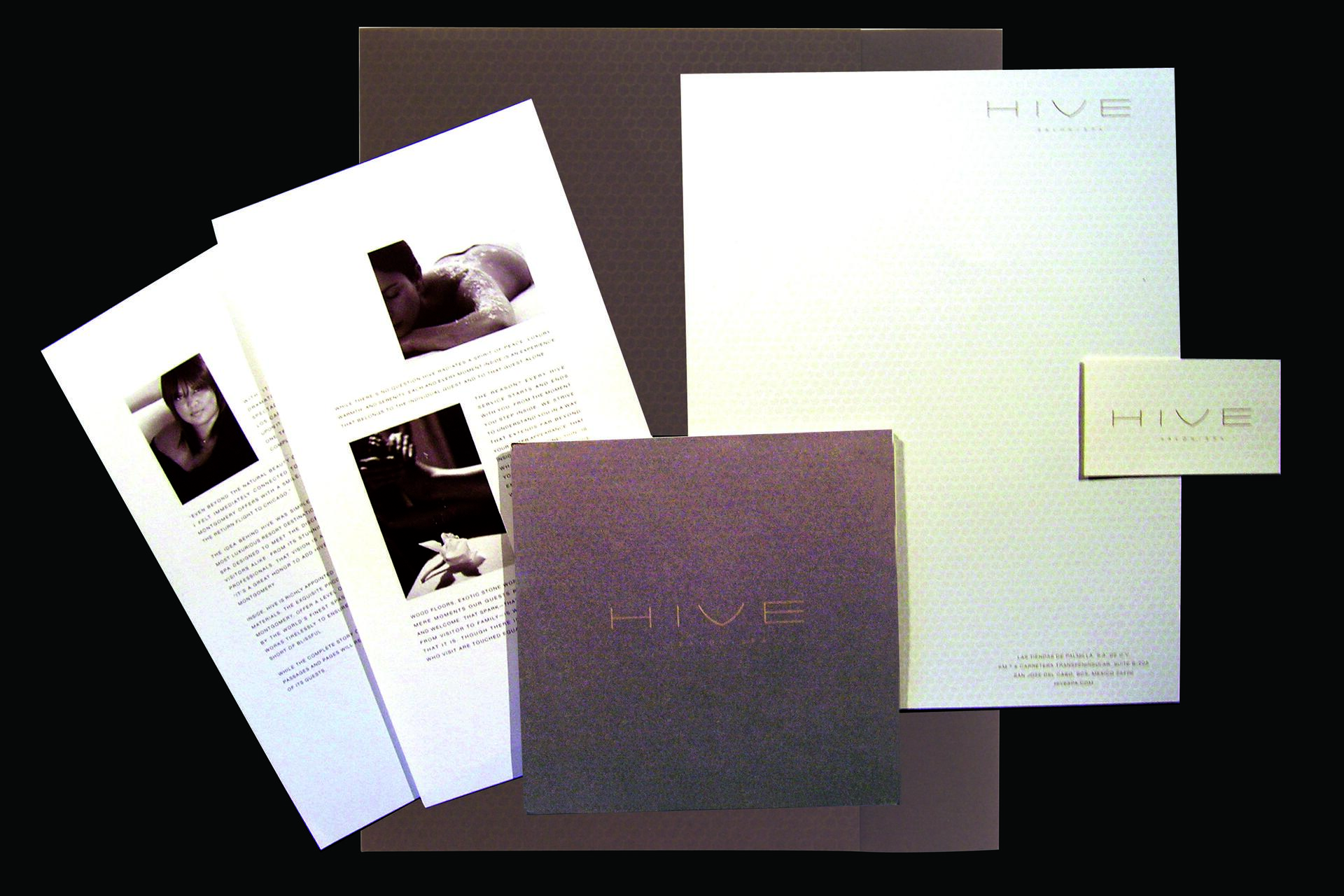 Stationery set for "HIVE" brand, including letterheads, business card, and brochures with text and monochrome photos.