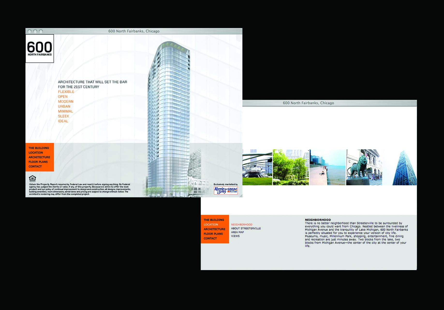 High-rise building design with glass facade, labeled "600 North Fairbanks, Chicago." The left sidebar features navigation links. Below are smaller images of city landmarks including greenery and waterfronts, suggesting urban context and amenities.