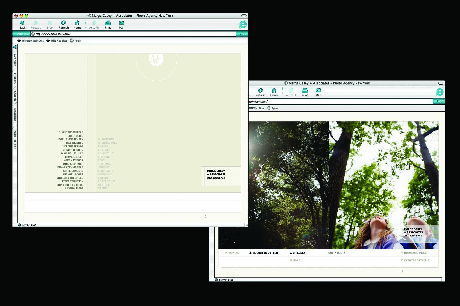 Two browser windows displaying a photo agency's website. The left window shows a list of names and categories on a light background. The right window displays a photograph of trees and sunlight with two children looking up, framed by a similar website layout.